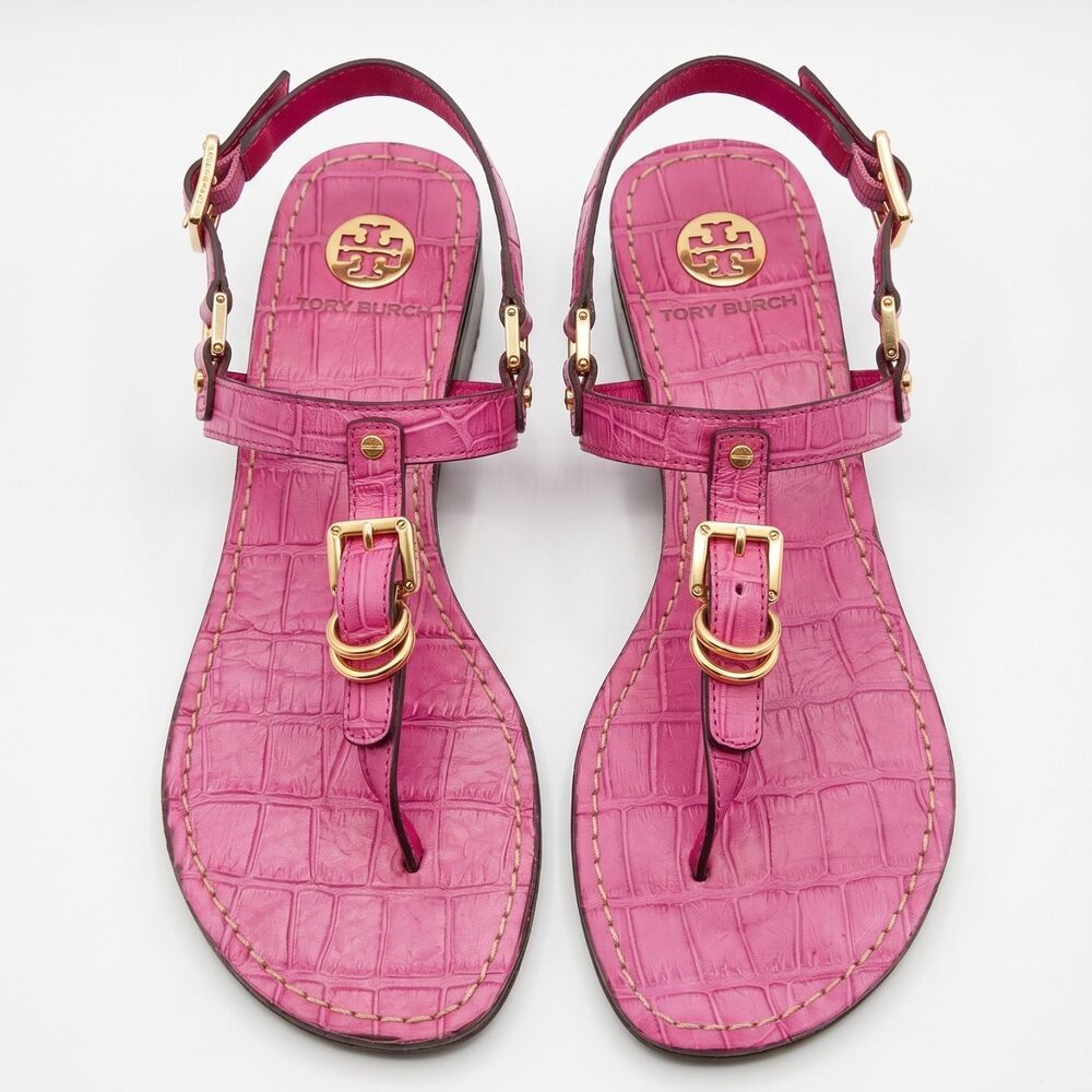 💖 Tory Burch Hot Pink Croc Embossed Leather Strappy Sandal 7.5